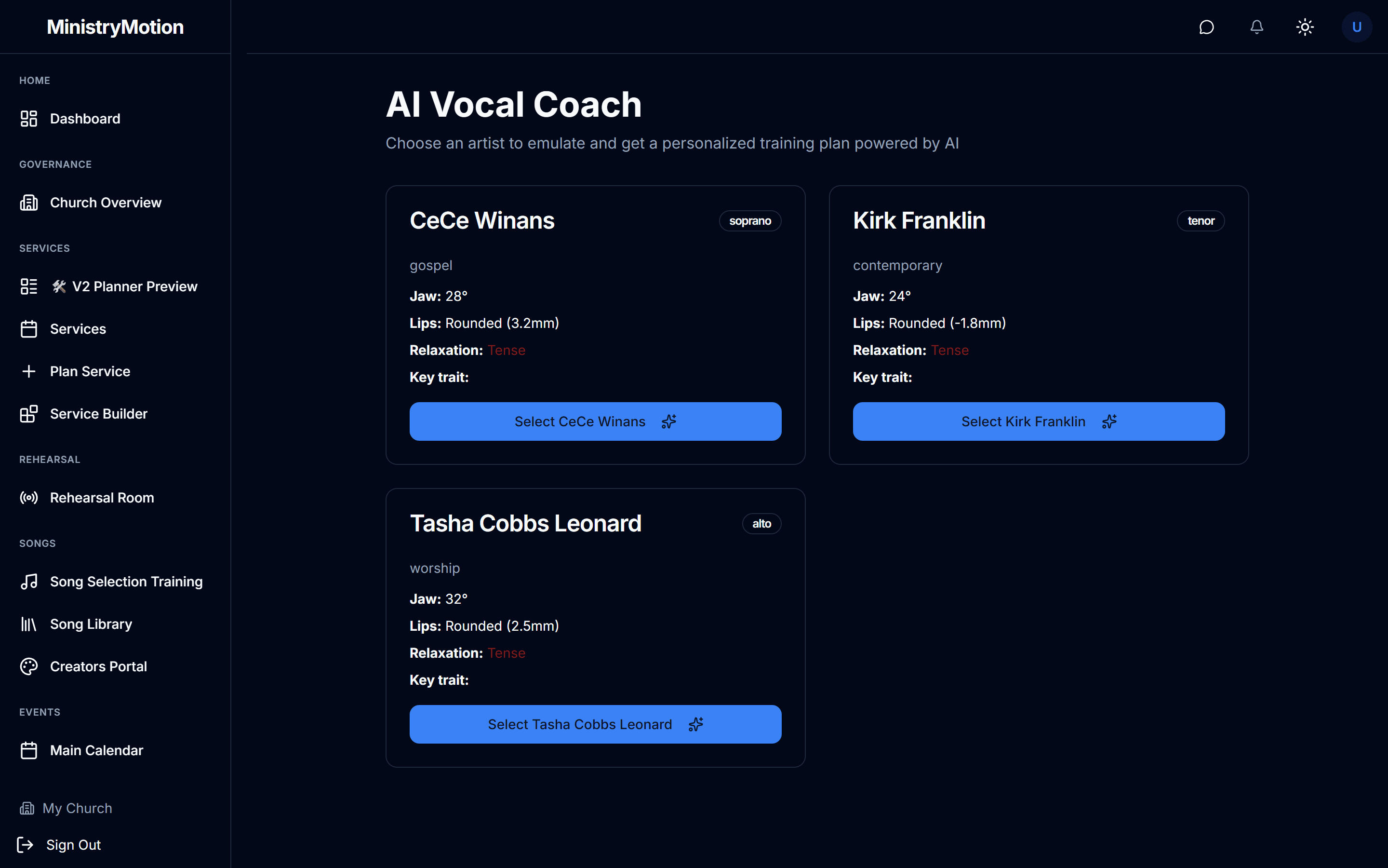 Ministry Motion AI Vocal Coach — artist emulation and personalized training plans